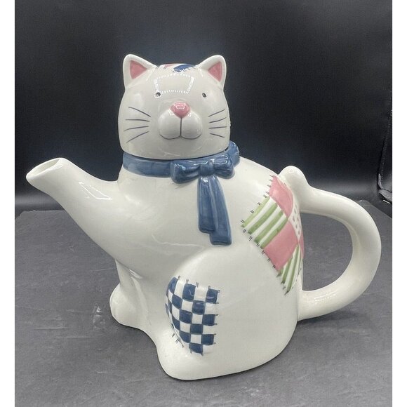 Vintage 1993 Susan Winget Cat Patches Tea Pot  2530 Kitchy Country Cottage Core - Picture 1 of 7